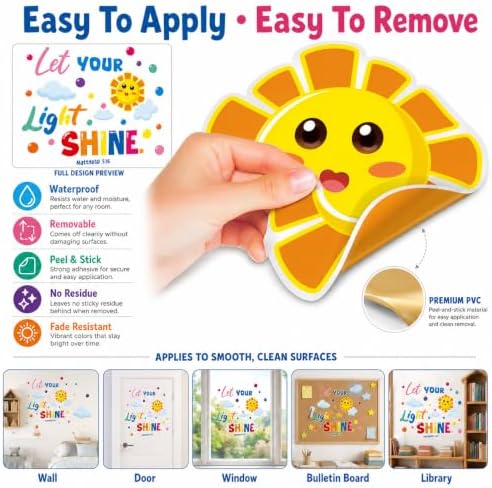 Cinrobiye Inspirational Quotes Wall Decals, Let Your Light Shine Classroom Wall Decor, Colorful Sun & Cloud Wall Stickers for Reading Corner, Playroom, Preschool, Daycare & Elementary Classroom