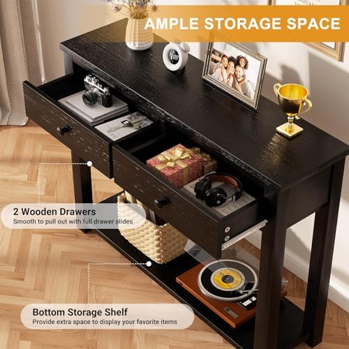 Homieasy Farmhouse Console Table with 2 Drawers, 32 Inch Small Sofa Table with Storage Shelf for Living Room, Behind Couch, Entryway Table for Hallway, Living Room, or Foyer, Black