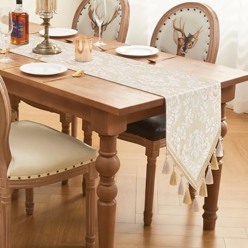 Loom and Mill Elegant Jacquard Table Runner 72 inches Long, Beige+White