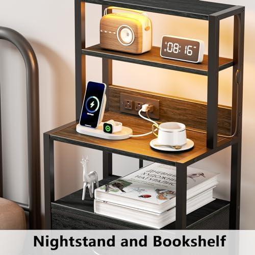 Furnulem Night Stand, Tall Nightstand with Charging Station for Bedroom