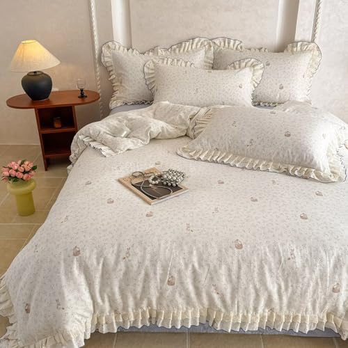 BuLuTu Lace Ruffles Duvet Cover Twin with Cute Rabbit Blue Floral Print, Princess Bedding Set for Kids Toddler Girls, 100% Gauze Cotton Muslin Bedding Comforter Cover with Zipper, 4 Ties