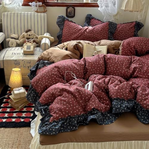 Twin Size Duvet Cover Set 3 Pcs,Vintage Red Ruffled Bedding 68"×86"