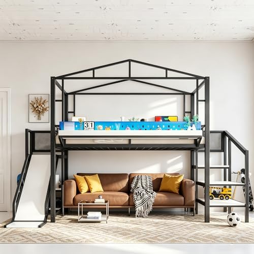 Bellemave Full Size Metal House Loft Bed with Slide and Stairs,Heavy Duty Playhouse Loft Bed Frame with Shelves,LED Lights and Charging Station for Kids,Teens,Adults,Black