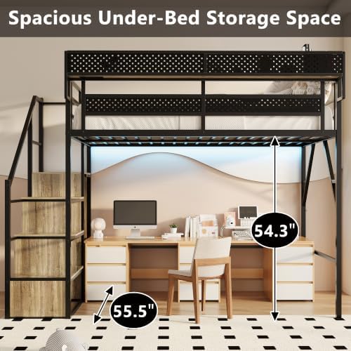 Full Size Metal Loft Bed with Storage Stairs, Wardrobe & Charging Station