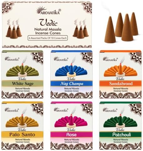 ARO VATIKA Vedic Incense Cones Variety Pack of 6 (Nag Champa, Palo Santo, Rose, White Sage, Sandalwood & Patchouli), Natural Non-Toxic Dhoop Cones for Meditation, Yoga, Relaxation & Home Fragrance
