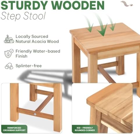 12" Wooden Step Stool, Small Wood Stool for Bathroom, Kitchen - White Oak