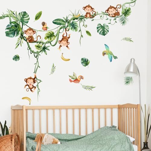 Monkey Climbing Tree Wall Decals Jungle Leaves Birds Wall Stickers