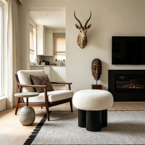 Teddy Ottoman Footrest Stool, Round Upholstered Vanity Stool for Bedroom