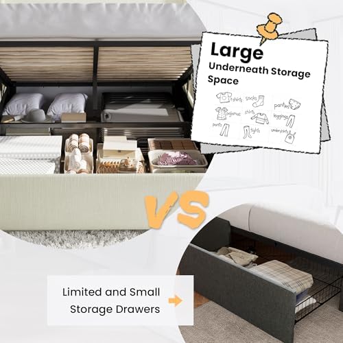 SHA CERLIN Full Size Chenille Lift Up Hydraulic Storage Bed Frame Cream