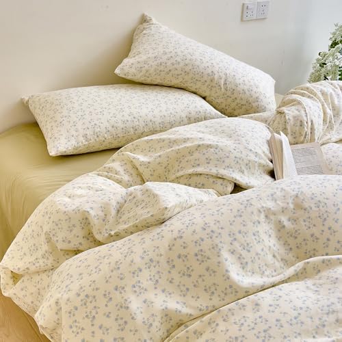 HighBuy Vintage Muslin Duvet Cover Set King,Blue Floral Print 100% Cotton Gauze Comforter Cover French Country Chic Floral Quilt Cover with 2 Pillowcases,3 Piece Soft Breathable Bedding Set