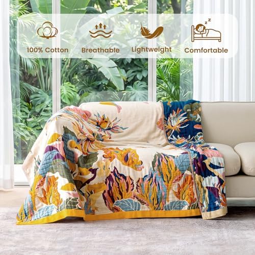 MSGKV Boho Throw Blanket 80"x90" 100% Cotton Muslin Floral Blanket for Bed