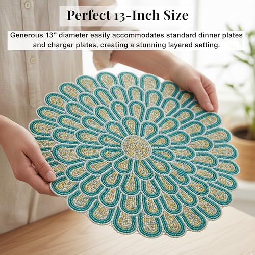 ALPHA Living HOME Beaded Placemats 13 Inch Green White Round Table Mats