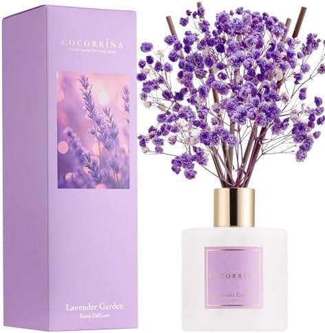 COCORRÍNA Reed Diffuser - Lavender Garden 6.7 Fl.oz Reed Diffuser Set with Sticks & Preserved Baby's Breath, Reed Diffuser for Home Bathroom Shelf Decor