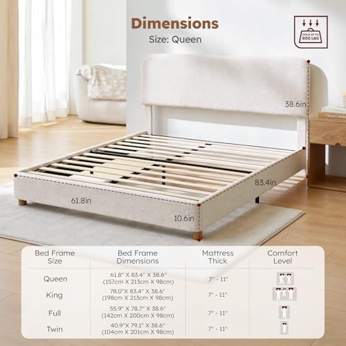 Queen Cloud Bed Frame, Wood Boucle Upholstered Platform Bed, Cream White