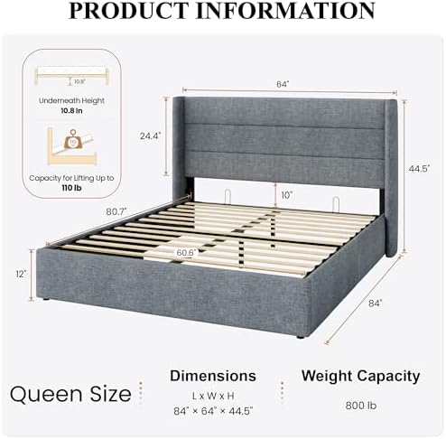SHA CERLIN Queen Size Lift Up Hydraulic Storage Bed Frame Blue Grey