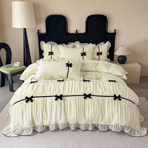 Ruffle Beddding Set with Bowtie,Chic Lace Bedding,Girls Twin Aesthetic Comforter Cover Set,Romantic French Princess Style Ruffled Duvet Cover with Lovely Bow with Zipper Closure