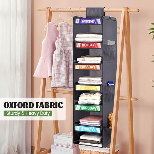 2 Pack 6-Shelf Weekly Clothes Organizer for Kids, Hanging Daily Closet Organization with 6 Side Pockets, Days of The Week Clothing Divider Storage for Boys and Girls (Grey)