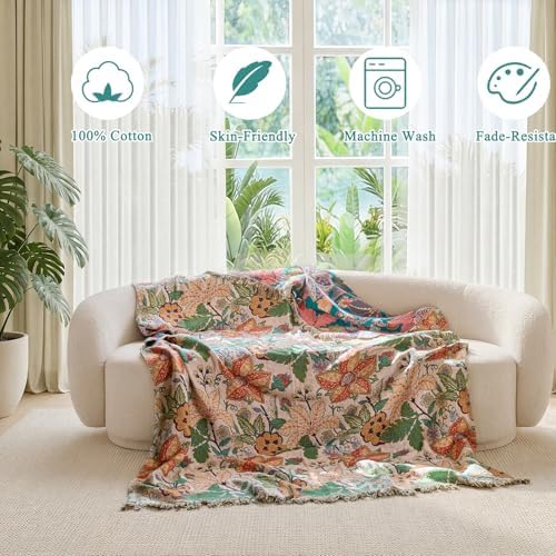Boho Throw Blanket Twin Size - 100% Cotton, Floral Blankets for Bed
