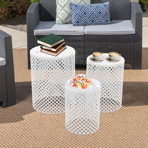 Metal Frame Accent Table,Cylindrical Outdoor Side Table,Decorative Garden Stool,Set of 3 Nesting Side Table,Modern Decorative Garden Stool for Patio Balconies Cafes Parks (3, White)