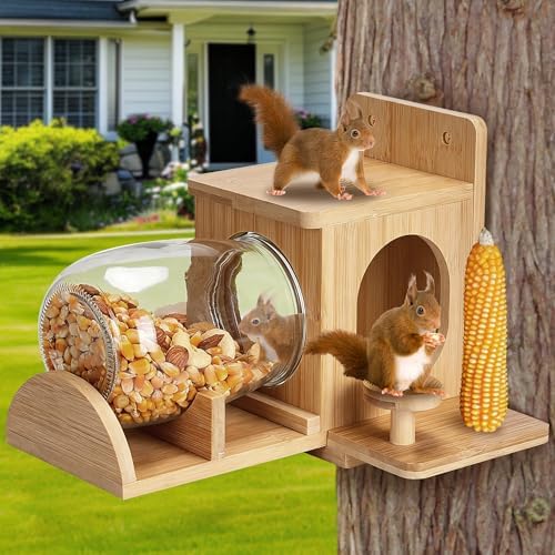 Bamboo Wood Squirrel Feeder, Outdoor Squirrel Feeders for Garden Tree, Chipmunk Feeder for Corn and Peanuts, with Removable Glass Storage Bottle and 2 Stable Stools