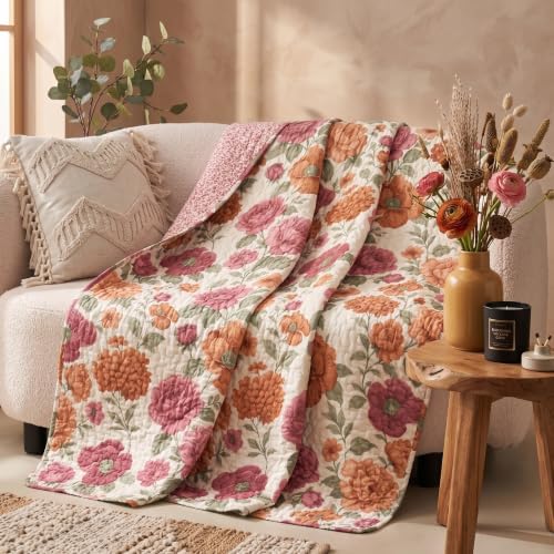 Tache Terracotta Rose Garden Reversible Quilted Throw Blanket, 50x60 Inch
