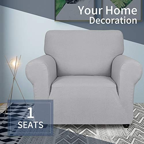 JIVINER Super Stretch Chair Slipcovers with Arms 1-Piece Jacquard Small Checks Living Room Armchair Covers Soft Anti Slip Sofa Couch Furniture Protector for Kids Pets (Chair, Light Gray and White)