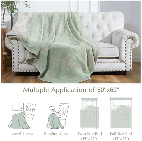jinchan 100% Cotton Muslin Blanket Twin Boho Blanket 50x60 Green/Beige