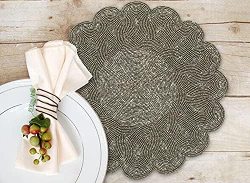 Lightnpro Handmade Beaded Placemats Set of 2 – 13 Inch Gunmetal Round Scalloped Charger Mats, Handcrafted Artisan Table Accessories in Gunmetal | Elegant Dining, Wedding & Home Décor Table Mats