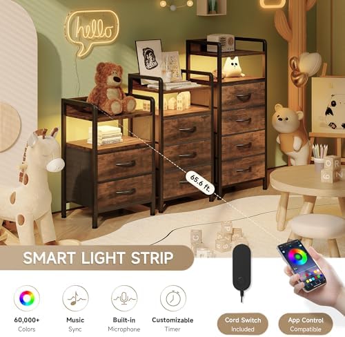 Lazzanto Nightstand with Rear Charging Station, LED Light, 4 Drawers, Brown