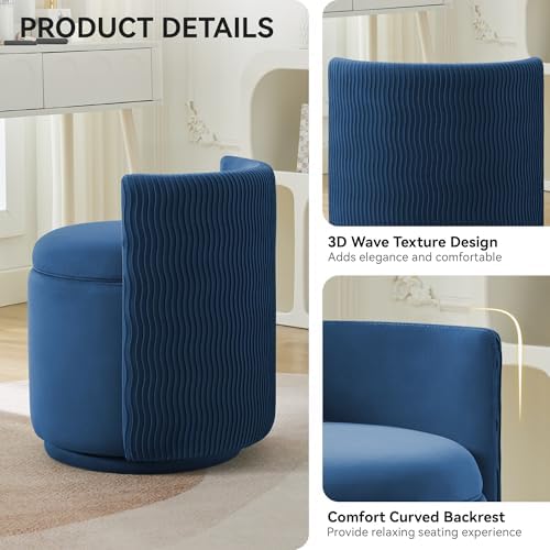 WUTUTUEE Velvet Vanity Chair with Storage, 360° Swivel Makeup Chair with Wave Back, No Assembly Small Accent Stool for Bedroom, Dressing, Living Room, Blue