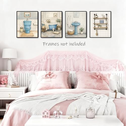 Noaleviax Blue Bathroom Posters Set - Rustic Watercolor Boho Wall Decor, Cuadros Para Baños, Vintage Bathroom Pictures Wall Art for Restroom Decor, 8x10 Unframed, Set of 4