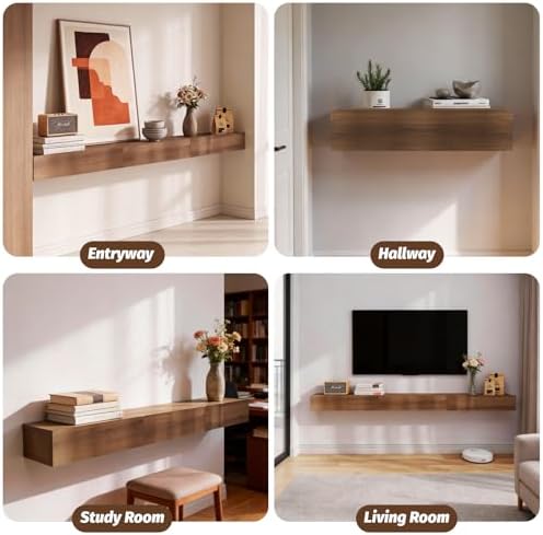 Floating Solid Wood Console Table, 71'' Wall Mounted Narrow Entryway Table with Storage Shelf, Modern Couch Shelves Small Entry Way Tables for Entryway, Front Hall, Hallway (Walnut, 70.86IN)