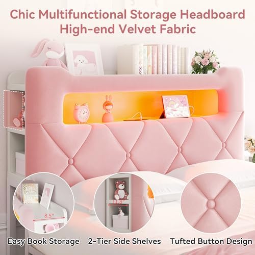 Queen Upholstered LED Bed Frame with 2 Storage Drawers and 2-Tier Storage Headboard,Velvet Princess Platform Bed with Charging Station & Bookcase,Heavy Duty Metal Support,No Box Spring Needed,Pink
