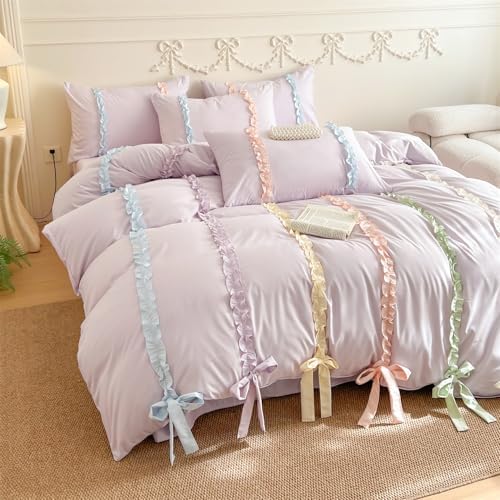 Rainbow Ruffles Bedding Set with Bow,Colorful Striped Duvet Cover, Cute Princess Style 2 PCS Duvet Cover Set-1 Duvet Cover and 1 Pillowcases for Girls Teens Bedroom,No Comforter