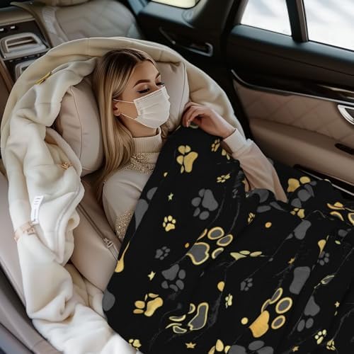 Gold Dog Paw Print Fleece Throw Blanket Ultra Soft Cozy Decorative Flannel Blanket for Home Bed Couch Chair Travel 50x40in