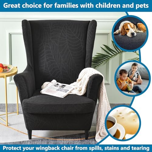 2 Piece Wingback Chair Cover Stretch Jacquard Wing Back Chair Slipcover with Armrest Washable Furniture Protector for Armchair Living Room Bedroom