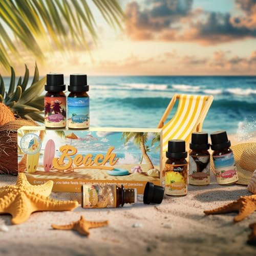 Beach Essential Oils Set, SNOWSEN Fragrance Oil for Diffuser, Candle Making, Soap Making, Spray,Sunbeam Coconut, Pineapple, Ocean Breeze, Sunset Cove, Golden Beach, Hawaiian Sea, Tropical Scented Oil