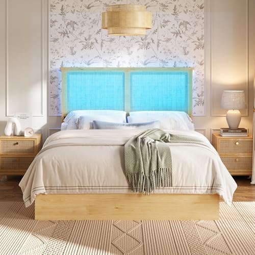 coucheta Bohemian Full Rattan Bed LED Natural Headboard Bedroom