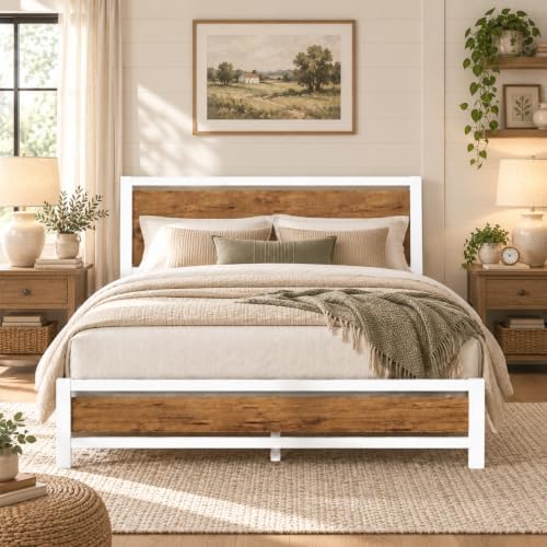 Full Metal Bed Frame with Industrial Headboard, White Brown