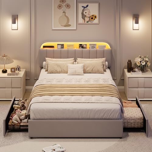 GarveeHome Full Bed Frame, Platform Bed with Storage Headboard & Drawers