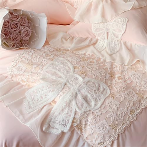 MOOWOO Princess Lace Bow Bedding Set- Pink Sweet Girl Chiffon Ruffles Bedding- 3PC(1 Duvet Cover 90x90 Inch, 2 Pillowcases) Aesthetic Bedding for Woman Girls Bedroom