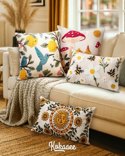 Embroidered Throw Pillow Cover 20x20 Inch, Bird Lemon