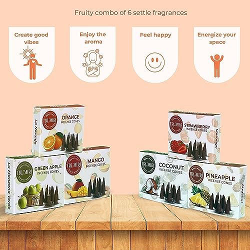 Trumiri Fruity Incense Cones - Variety Pack - Total 60 Cone Incense (6 Scents x 10 Conos) - Strawberry, Coconut, Pineapple, Apple, Mango, Orange - Cone Incense Scents - Insense Cones - Incent Cone