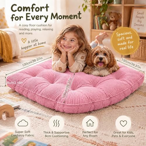 TOPCHANCES Large Corner Floor Cushion for Kids 39"x39", Soft Non-Slip Plush Floor Pillow, Playroom Reading Yoga Meditation Mat