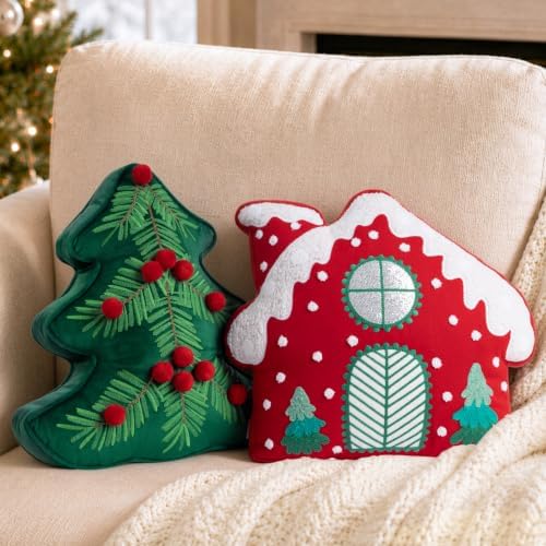 AELS Christmas House & Tree Pillow with Pom-pom, Holiday Throw Pillows
