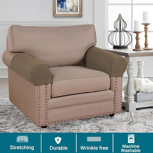 Turquoize Stretch Armrest Covers for Chairs and Sofas Couch Arm Covers for Sofa Spandex Jacquard Armrest Cover Anti-Slip Furniture Protector Armchair Slipcovers for Recliner Set of 4, Macchiato
