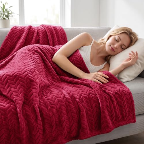 Exclusivo Mezcla Fleece Throw Blanket for Couch Sofa, 50”x70”, Deep Red