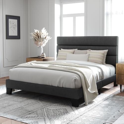 Allewie Full Size Platform Bed Frame with Fabric Upholstered Headboard Gray