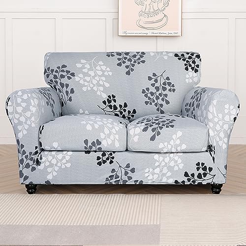 SearchI Stretch Sofa Cover Printed Couch Cover, Floral Pattern 3 Pieces Loveseat Slipcover with 2 Separate Cushion Cover, Washable Furniture Protector for Living Room(Loveseat, Leaf Pattern)