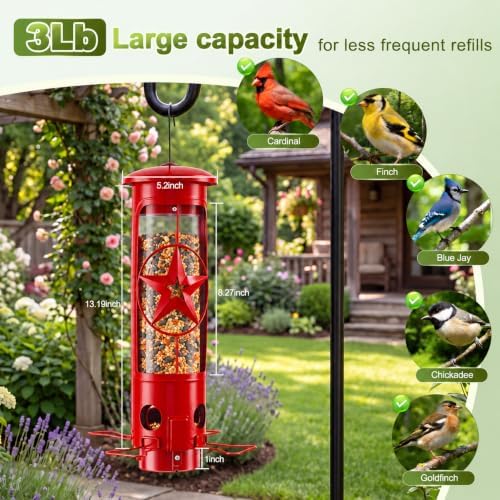 Squirrel Proof Bird Feeders for Outdoors with Weight-Activated, 3LB Large Metal Wild Bird Feeders for Cardinals,Blue Jay,Finch, Weatherproof Durable Tube Hanging Bird Feeder for Backyard,Garden,Patio
